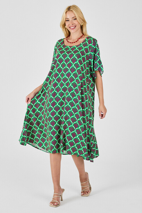 Yeşil U Yaka Kısa Kollu Midi Boy Desenli Elbise BCVL-254010