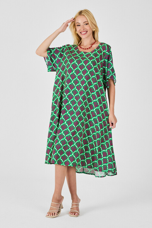 Yeşil U Yaka Kısa Kollu Midi Boy Desenli Elbise BCVL-254010