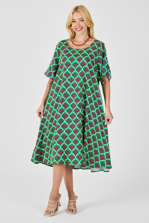 Yeşil U Yaka Kısa Kollu Midi Boy Desenli Elbise BCVL-254010