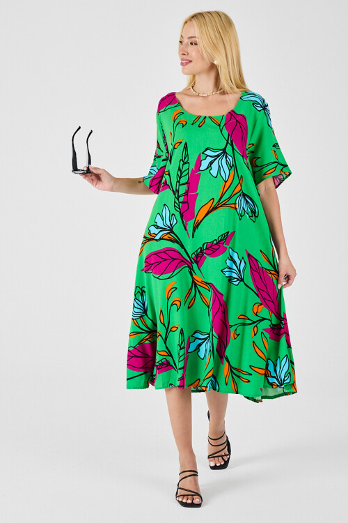 Yeşil Yaprak Desenli U Yaka Kısa Kollu Midi Boy Elbise BCVL-254011