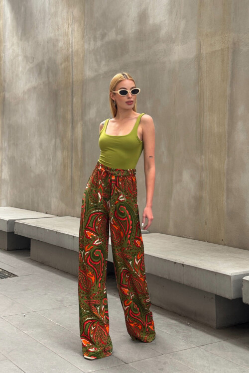 Zeytin Yeşili Beli Bağlamalı Bol Kesim Palazzo Yazlık Pantolon BCPK-2510000 BCPK-2510000