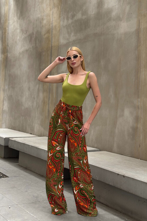 Zeytin Yeşili Beli Bağlamalı Bol Kesim Palazzo Yazlık Pantolon BCPK-2510000 BCPK-2510000