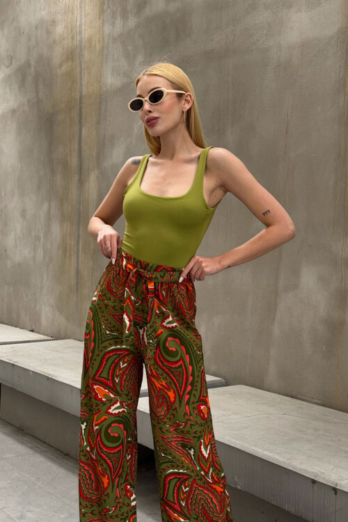 Zeytin Yeşili Beli Bağlamalı Bol Kesim Palazzo Yazlık Pantolon BCPK-2510000 BCPK-2510000