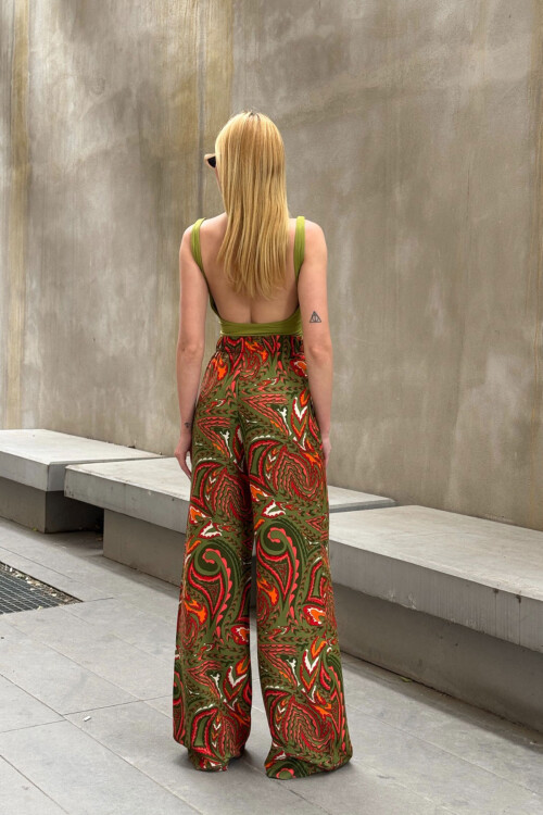 Zeytin Yeşili Beli Bağlamalı Bol Kesim Palazzo Yazlık Pantolon BCPK-2510000 BCPK-2510000