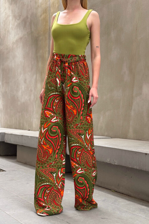 Zeytin Yeşili Beli Bağlamalı Bol Kesim Palazzo Yazlık Pantolon BCPK-2510000 BCPK-2510000