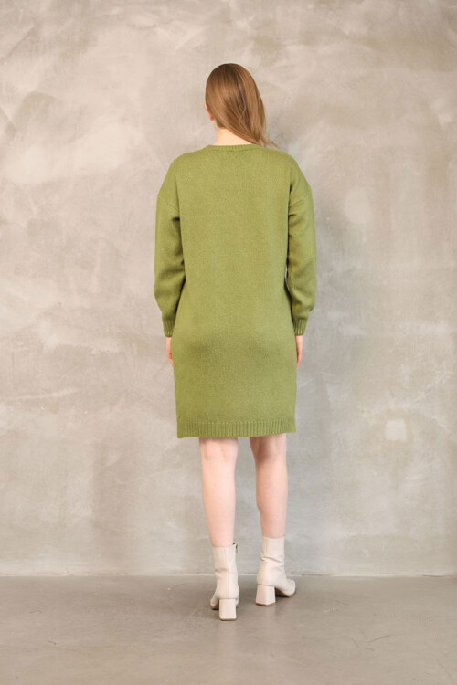 Zeytin Yeşili Çift Cepli Bisiklet Yaka Tunik Elbise BCES-252022-1