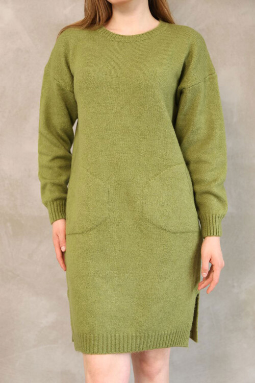 Zeytin Yeşili Çift Cepli Bisiklet Yaka Tunik Elbise BCES-252022-1