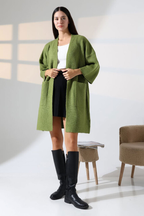 Zeytin Yeşili Çift Cepli Yarım Kol Uzun Boy Triko Hırka BCES-252019