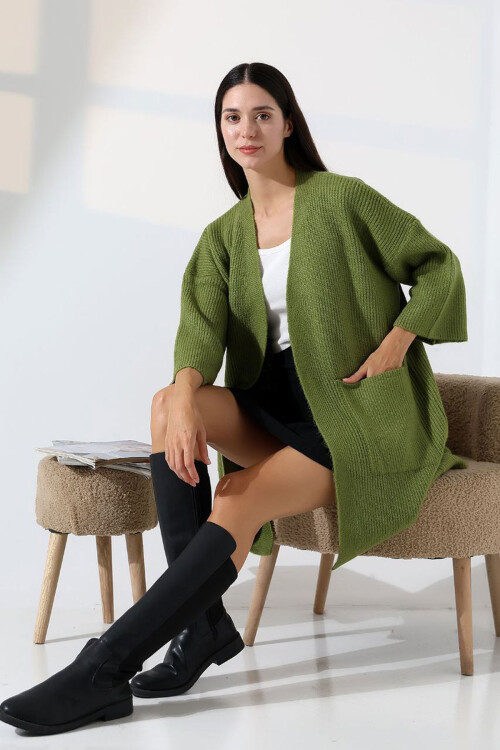 Zeytin Yeşili Çift Cepli Yarım Kol Uzun Boy Triko Hırka BCES-252019