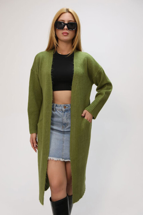 Zeytin Yeşili Salaş Yumuşak Dokulu Triko Hırka BCES-252009