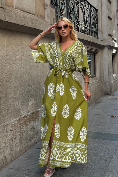 Zeytin Yeşili V Yaka Maxi Boy Yırtmaçlı Desenli Viscon Dokuma Elbise BCVL-25V208