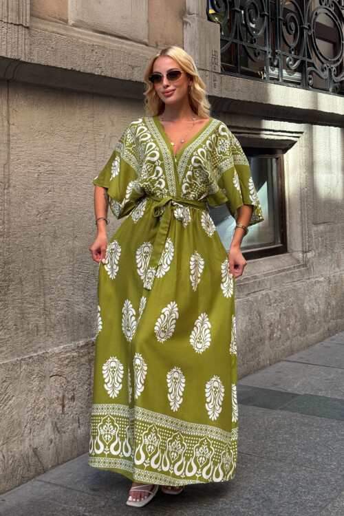 Zeytin Yeşili V Yaka Maxi Boy Yırtmaçlı Desenli Viscon Dokuma Elbise BCVL-25V208