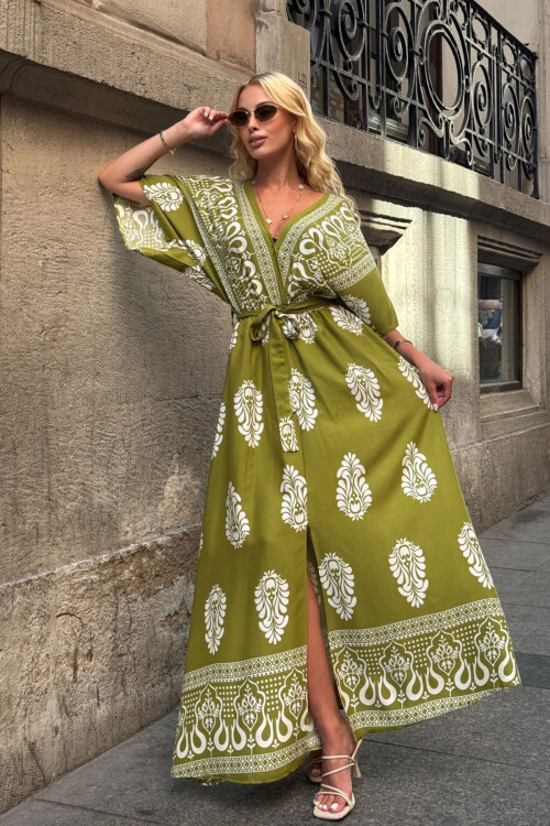 Zeytin Yeşili V Yaka Maxi Boy Yırtmaçlı Desenli Viscon Dokuma Elbise BCVL-25V208