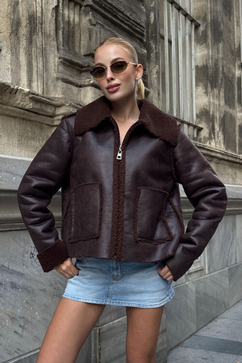 Acı Kahve Çift Cepli İçi Suni Kürklü Biker Ceket BCVL-25V217