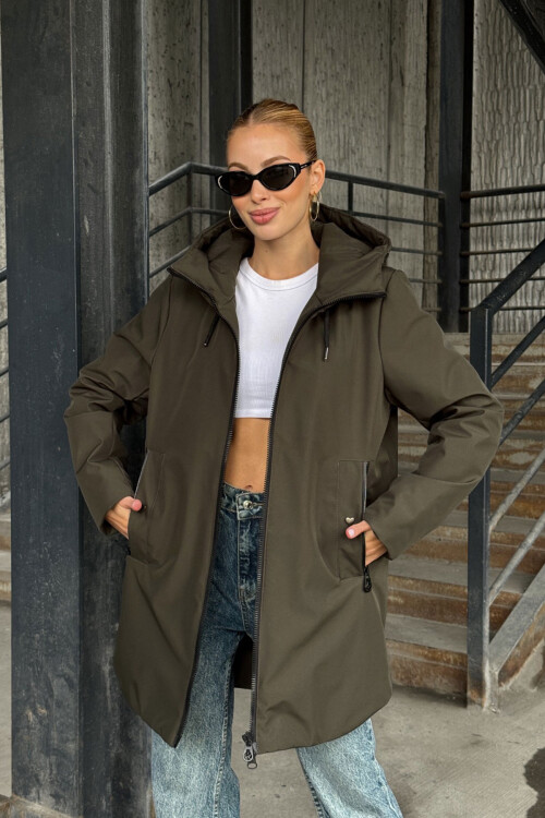 Acı Kahve Çift Cepli Kapüşonlu Mont BCVL-254203