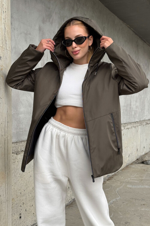 Acı Kahve Çift Cepli Kapüşonlu Mont BCVL-254204