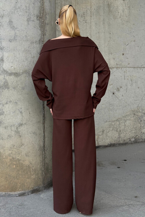 Acı Kahve Düşük Yaka Rahat Kesim Yumuşak Dokulu Bluz Ve Pantolon Alt Üst Takım BCVL-25V234