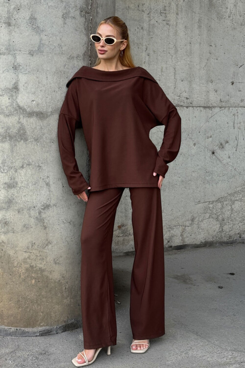 Acı Kahve Düşük Yaka Rahat Kesim Yumuşak Dokulu Bluz Ve Pantolon Alt Üst Takım BCVL-25V234