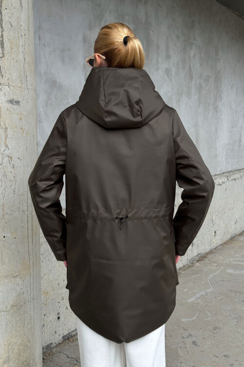 Acı Kahve Geniş Cepli Kapüşonlu Uzun Mont BCVL-254205