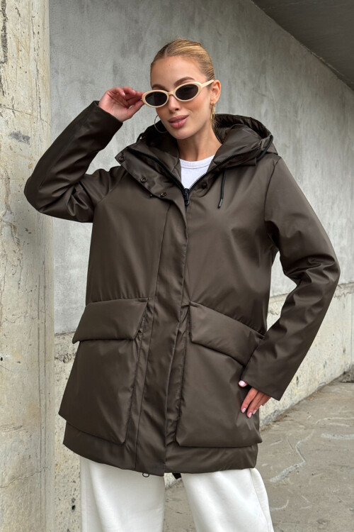 Acı Kahve Geniş Cepli Kapüşonlu Uzun Mont BCVL-254205