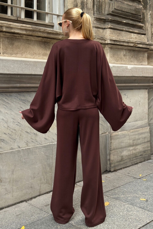 Acı Kahve Rahat Kalıp Yarasa Kol Bluz Ve Salaş Pantolon Modal Kumaş Alt Üst Takım BCVL-25V232