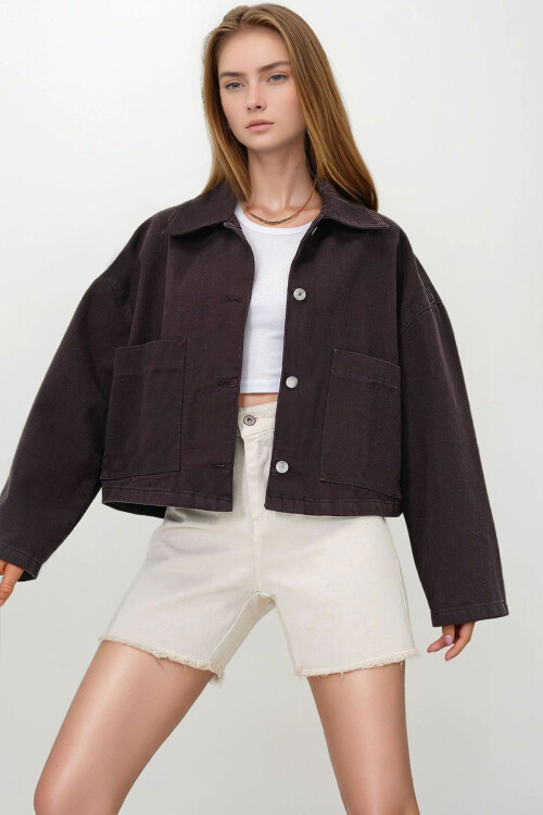 Acı Kahve Torba Cepli Çoban Dikişli Crop Jean Ceket BCHNW-251180