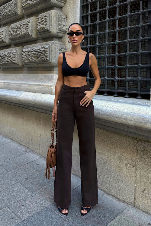 Acı Kahve Yüksek Bel İspanyol Paça Denim Pantolon BCDF-254000