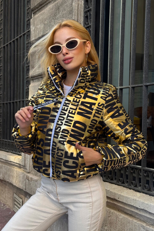 Altın Sarısı Yazılı Şişme Mont BCVL-25N031