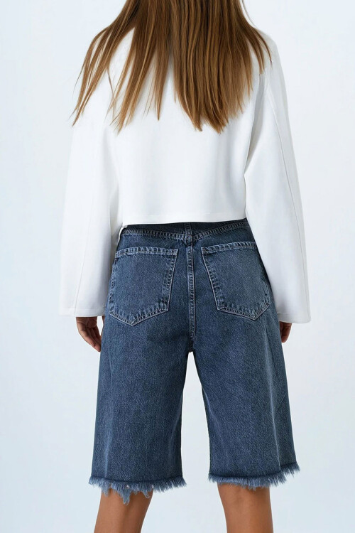 Antrasit 5 Cepli Paçası Püsküllü Denim Şort BCHNW-251196