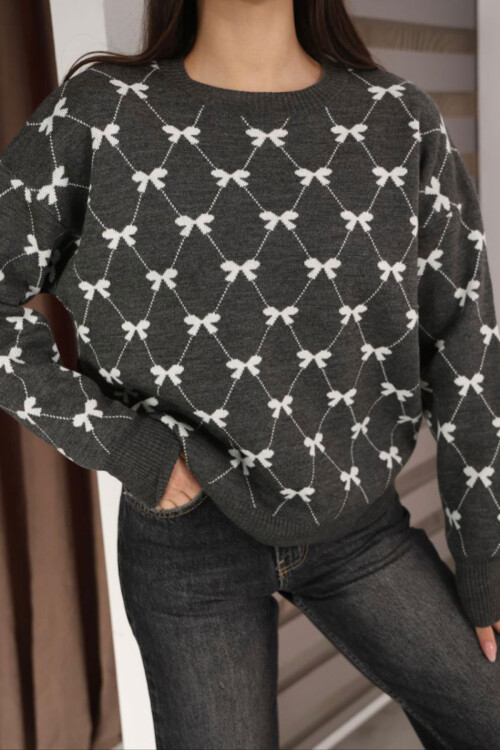 Antrasit Bisiklet Yaka Fiyonklu Triko Kazak BCES-253012