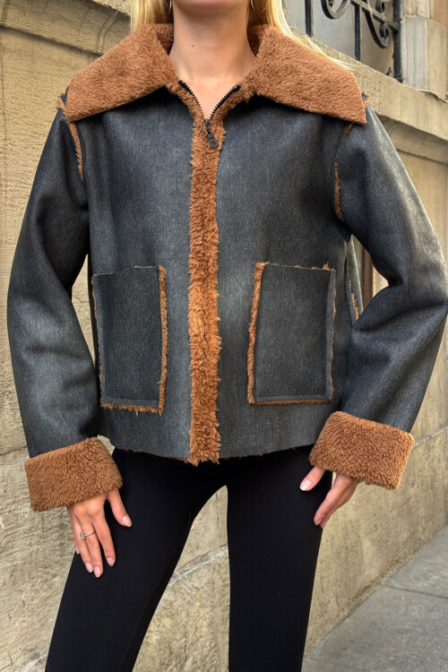 Antrasit Çift Cepli İçi Suni Kürklü Biker Ceket