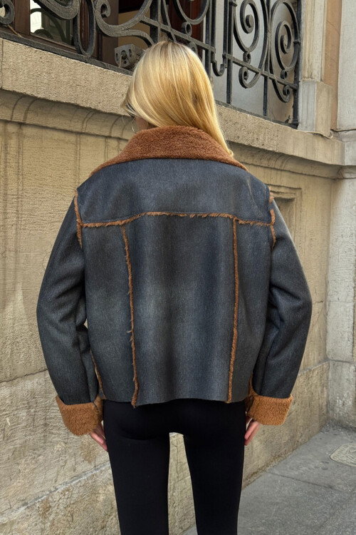 Antrasit Çift Cepli İçi Suni Kürklü Biker Ceket