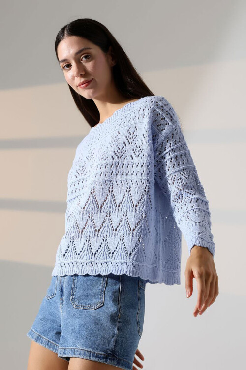 Bebe Mavi Bisiklet Yaka Dantel Motifli Triko Kazak BCES-252043