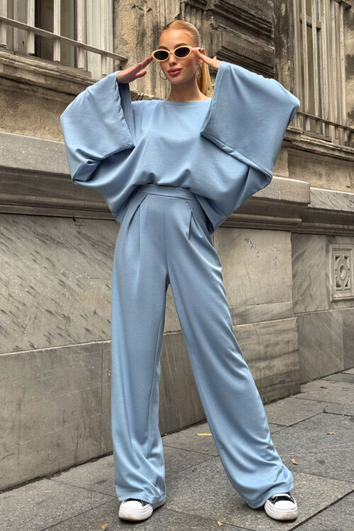 Bebe Mavi Rahat Kalıp Yarasa Kol Bluz Ve Salaş Pantolon Modal Kumaş Alt Üst Takım BCVL-25V232