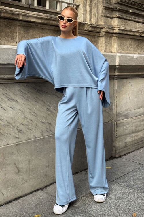 Bebe Mavi Rahat Kalıp Yarasa Kol Bluz Ve Salaş Pantolon Modal Kumaş Alt Üst Takım BCVL-25V232