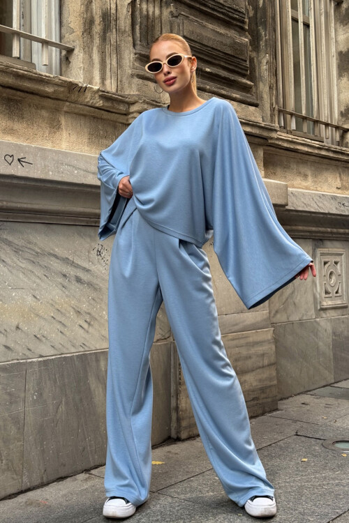 Bebe Mavi Rahat Kalıp Yarasa Kol Bluz Ve Salaş Pantolon Modal Kumaş Alt Üst Takım BCVL-25V232