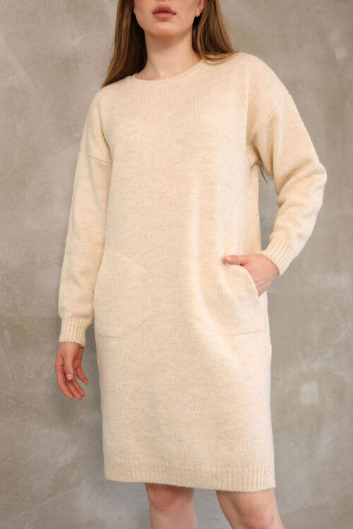 Bej Çift Cepli Bisiklet Yaka Tunik Elbise BCES-252022-1