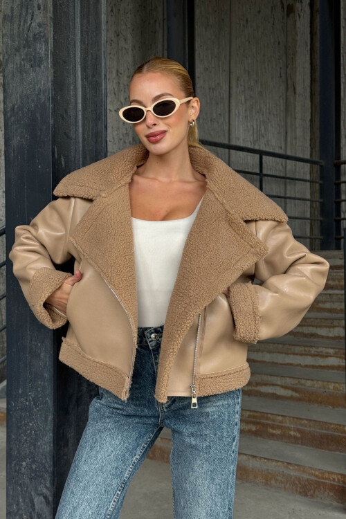 Bej Çift Cepli İçi Suni Kürklü Suni Deri Biker Mont Ceket BCVL-25V700