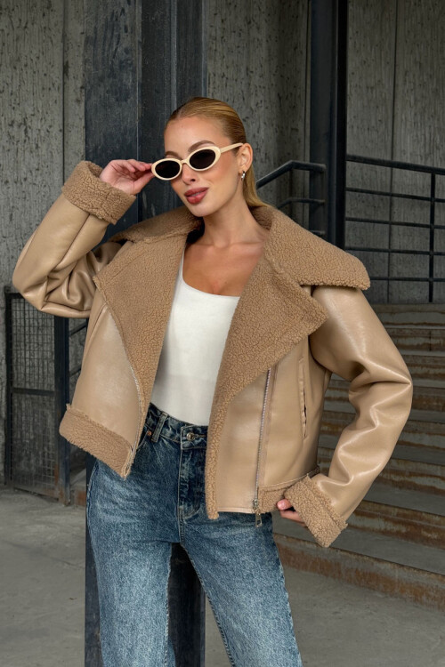 Bej Çift Cepli İçi Suni Kürklü Suni Deri Biker Mont Ceket BCVL-25V700