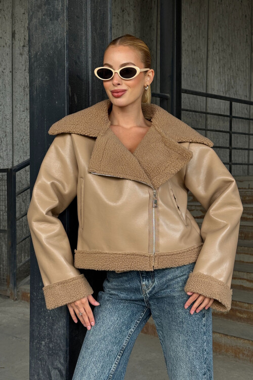 Bej Çift Cepli İçi Suni Kürklü Suni Deri Biker Mont Ceket BCVL-25V700