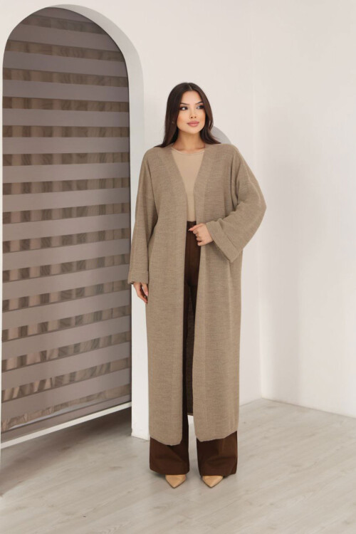 Bej Duble Kol Oversize Uzun Salaş Triko Hırka BCES-253010