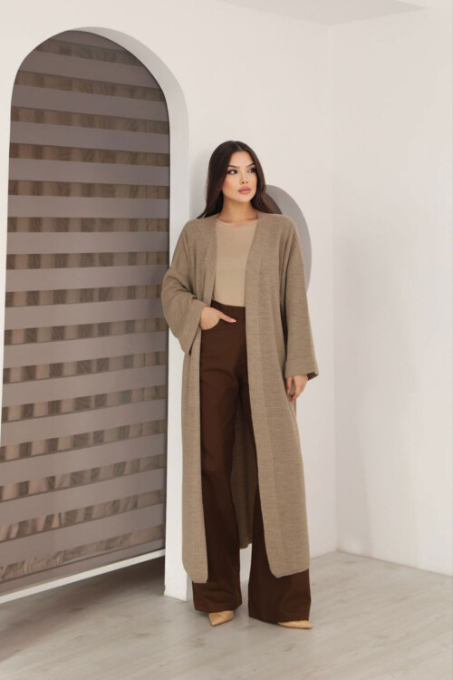 Bej Duble Kol Oversize Uzun Salaş Triko Hırka BCES-253010