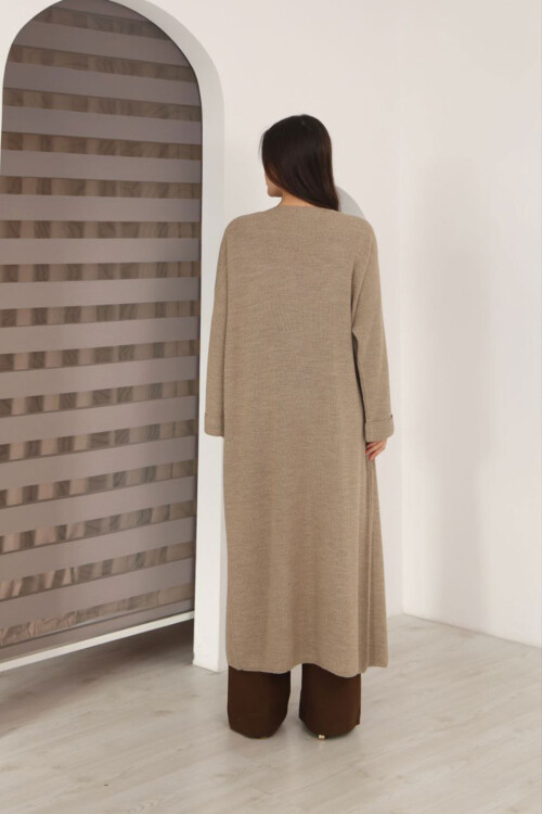 Bej Duble Kol Oversize Uzun Salaş Triko Hırka BCES-253010