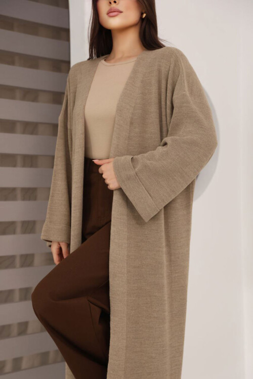 Bej Duble Kol Oversize Uzun Salaş Triko Hırka BCES-253010