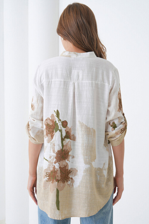 Bej Hakim Yaka Çiçek Desenli Keten Gömlek BCHPK-251211