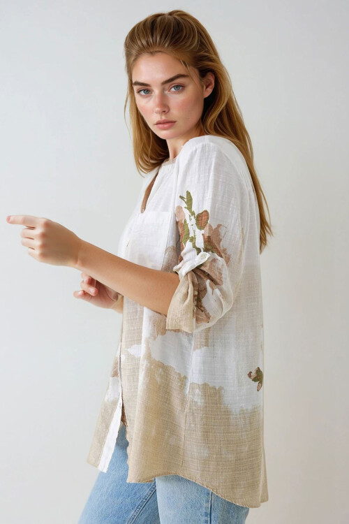 Bej Hakim Yaka Çiçek Desenli Keten Gömlek BCHPK-251211