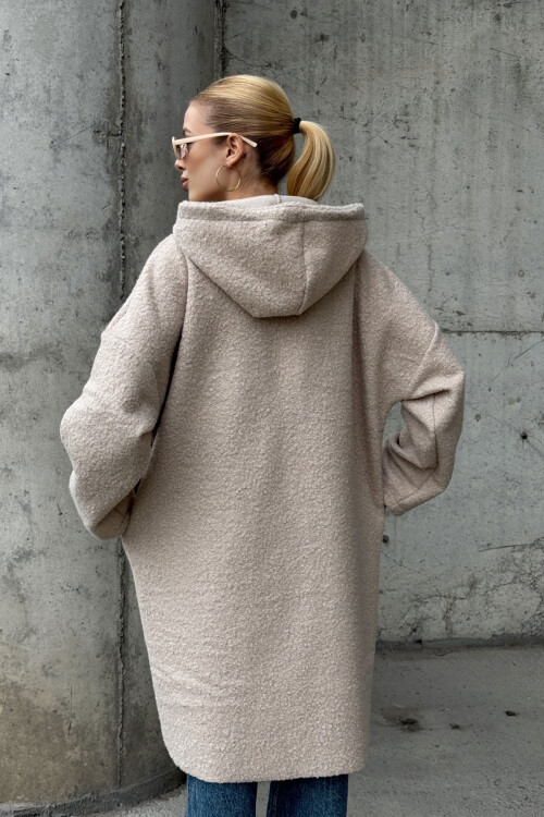 Bej Kapüşonlu Çift Cepli Oversize Buklet Ceket Kaban BCVL-25V606