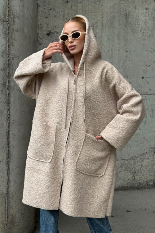Bej Kapüşonlu Çift Cepli Oversize Buklet Ceket Kaban BCVL-25V607