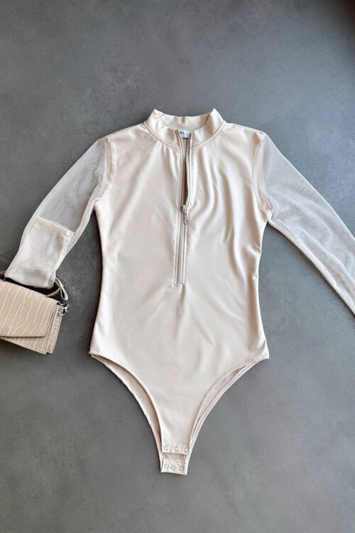 Bej Kolları Tül Detaylı Fermuarlı Çıtçıtlı Bluz BCHN-2526260