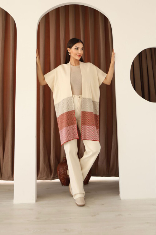 Bej Zigzag Desenli Renk Bloklu Geniş Kesim Hırka BCES-253006